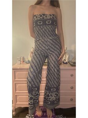 Strapless Navy Patterned Wide-Leg Jumpsuit
